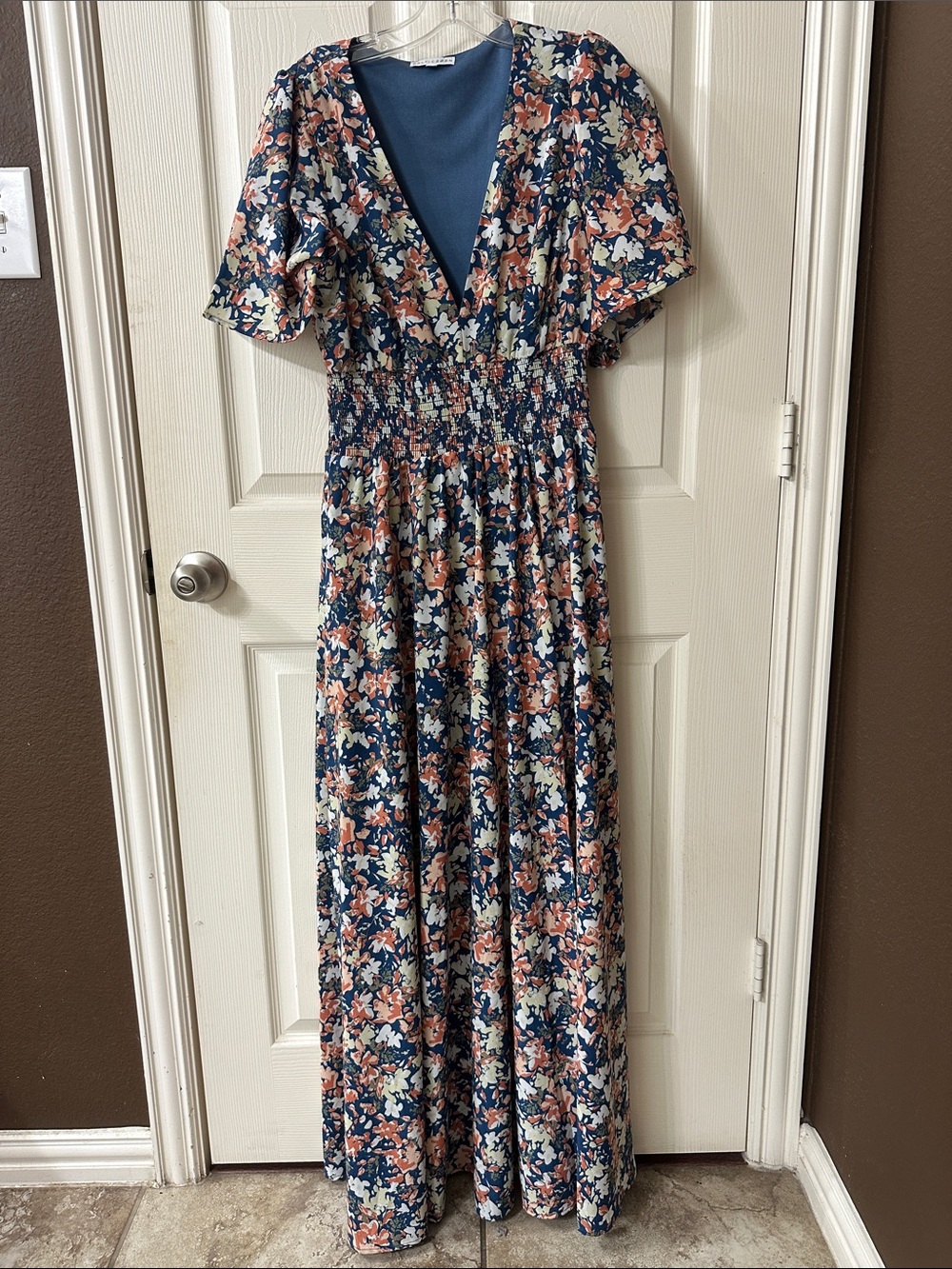 Baltic Born Navy Floral V-Neck Maxi Dress with Peach Accents